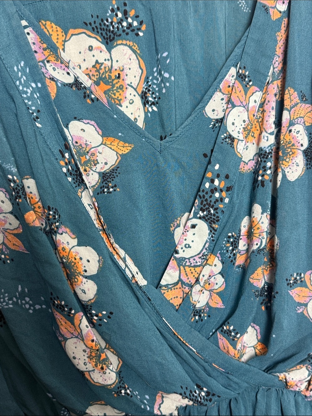 Free People Tuscan Dreams Floral Tunic Mini Dress Teal Blue Faux Wrap - Picture 10 of 11